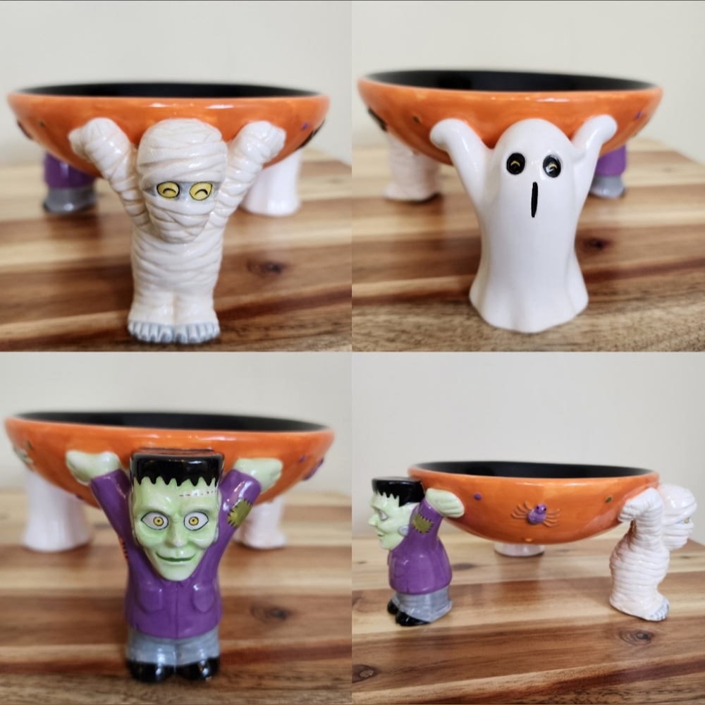 Frankenstein Ghost Mummy Spider Ceramic Halloween Pedestal Candy Dish Bowl